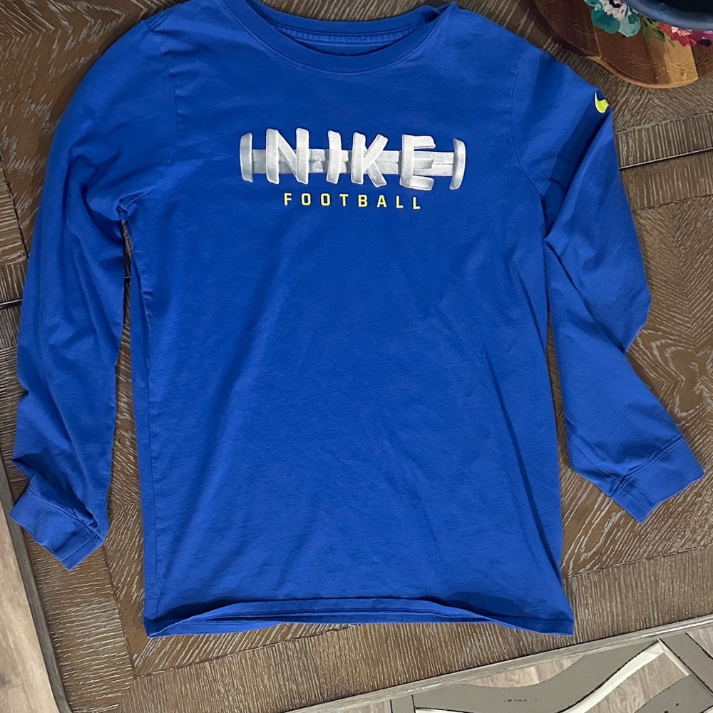 Nike Royal Blue Long Sleeve Football Tee with Yellow Swoosh